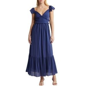LoveShackFancy Womens Katina Smocked Ruffle Maxi Dress Medium Midnight NWT $345